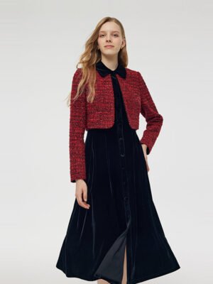 Wool Blend And Velvet Patchwork Women Midi Dress