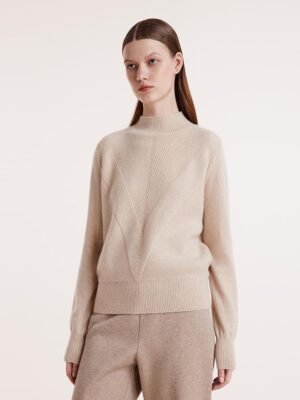 Beige Pure Cashmere Mock Neck Women Sweater